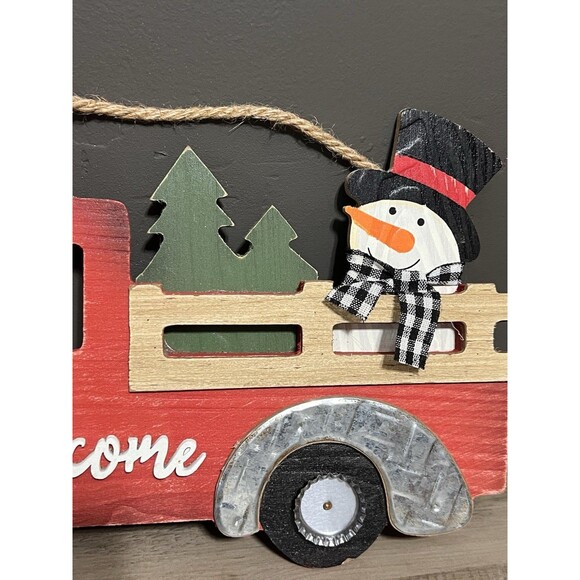 Hanging Red Truck Snowman Christmas Welcome Sign Rustic Country Farmhouse Cabin - Picture 3 of 4
